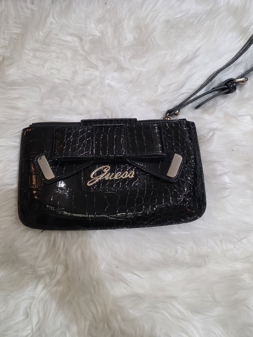 Guess Black Croc-Embossed Top-Zip Wristlet